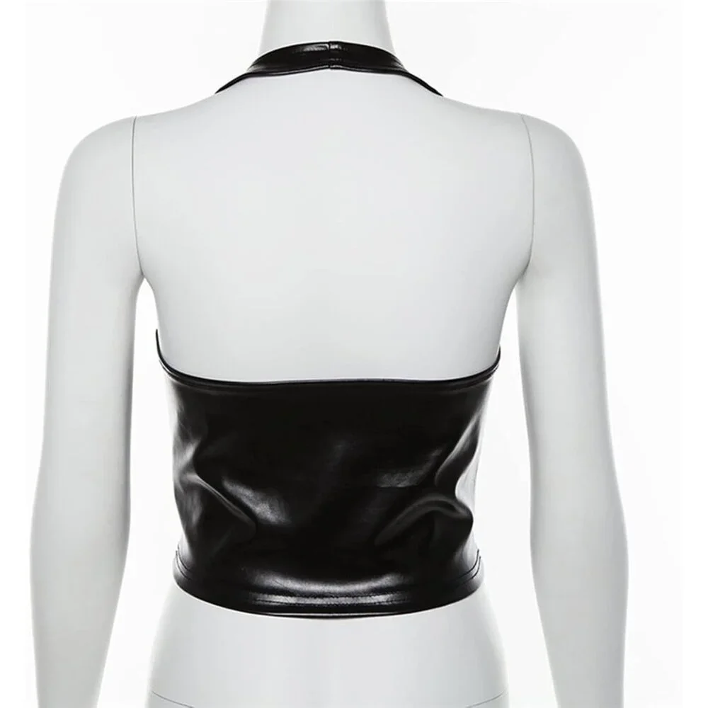 Women Black Adjustable Spaghetti Straps Pu Leather Bustier Crop Top Rave Outfit - Picture 6 of 6